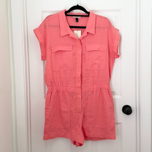 Women Universal Thread Short Sleeve Button Front Romper in Coral Size 12 - Picture 1 of 10